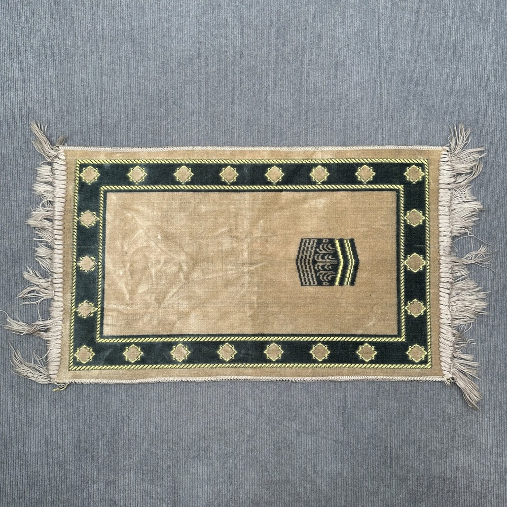 Vintage Velvet Prayer Rug Tan Green Kaaba Motif Fringed Small Travel Mat‎ 13x22